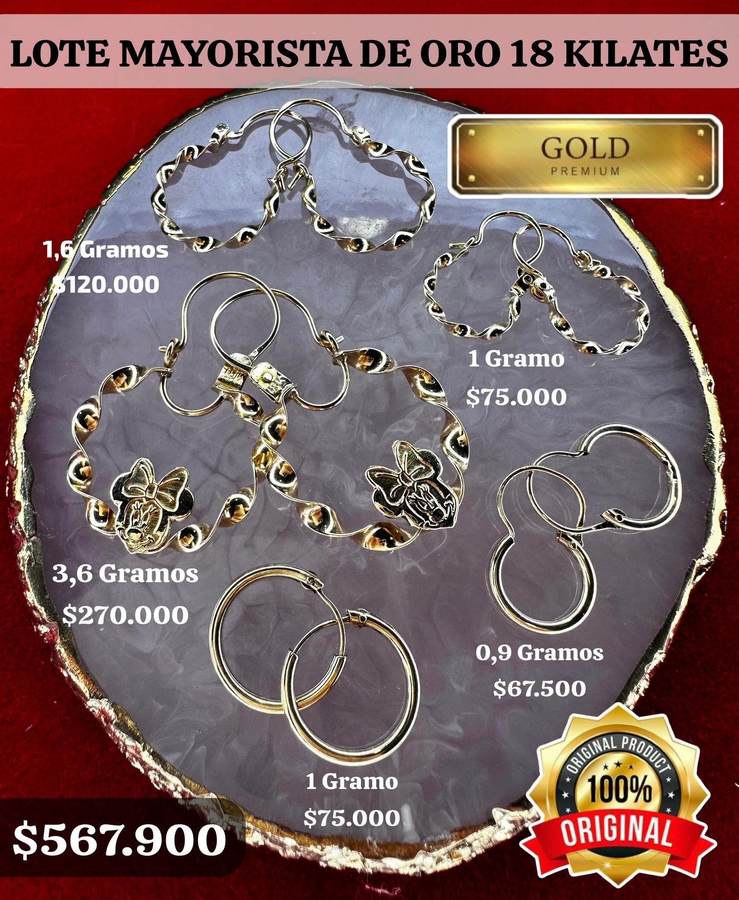 Lote Mayorista 5 Par de Aros ⚜️ Oro 18 Kilates